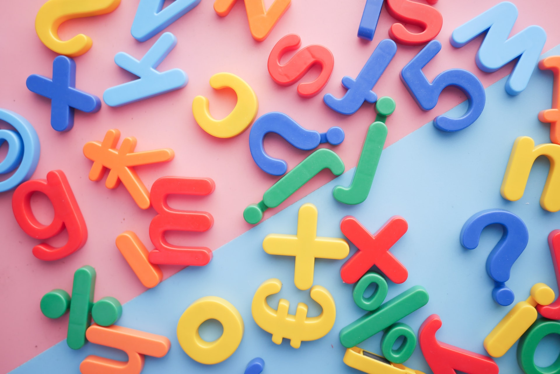 Colourful English letters and symbols.